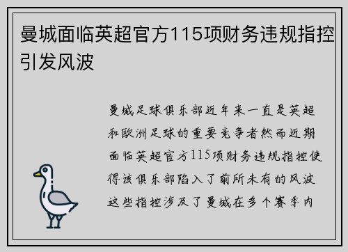 曼城面临英超官方115项财务违规指控引发风波