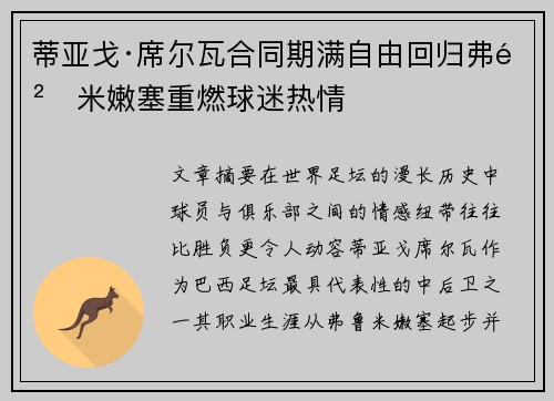 蒂亚戈·席尔瓦合同期满自由回归弗鲁米嫩塞重燃球迷热情